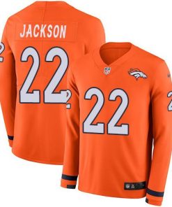 Men's Denver Broncos #22 Kareem Jackson Orange Team Color Stitched NFL Limited Therma Long Sleeve Jersey