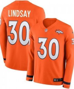 Men's Denver Broncos #30 Phillip Lindsay Orange Team Color Stitched NFL Limited Therma Long Sleeve Jersey