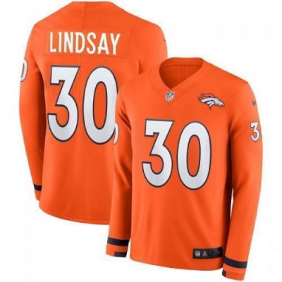 Men's Denver Broncos #30 Phillip Lindsay Orange Team Color Stitched NFL Limited Therma Long Sleeve Jersey