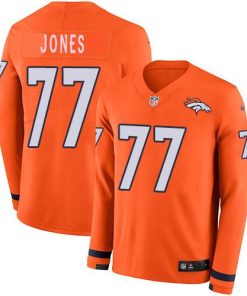 Men's Denver Broncos #77 Sam Jones Orange Team Color Stitched NFL Limited Therma Long Sleeve Jersey