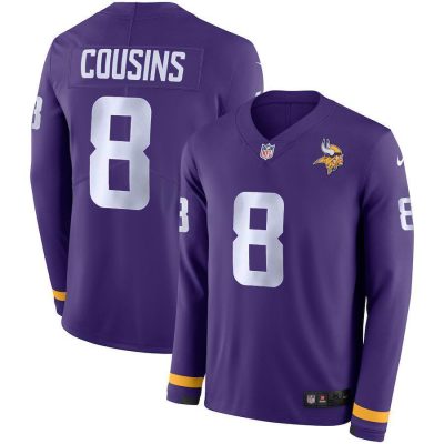 Men's Vikings #8 Kirk Cousins Purple Team Color Stitched NFL Limited Therma Long Sleeve Jersey