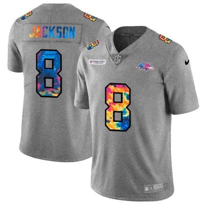 Baltimore Ravens #8 Lamar Jackson Nike Multi-Color 2020 NFL Crucial Catch NFL Jersey Greyheather