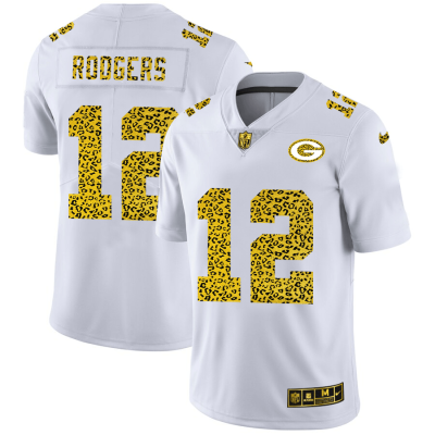 Green Bay Packers #12 Aaron Rodgers Nike Flocked Leopard Print Vapor Jersey White