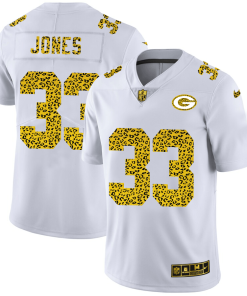 Green Bay Packers #33 Aaron Jones Nike Flocked Leopard Print Vapor Jersey White