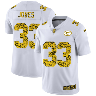 Green Bay Packers #33 Aaron Jones Nike Flocked Leopard Print Vapor Jersey White