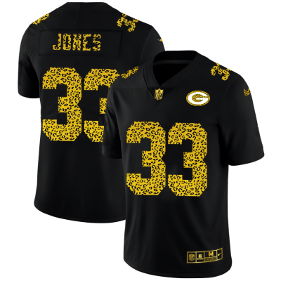 Green Bay Packers #33 Aaron Jones Nike Leopard Print Fashion Vapor Jersey Black