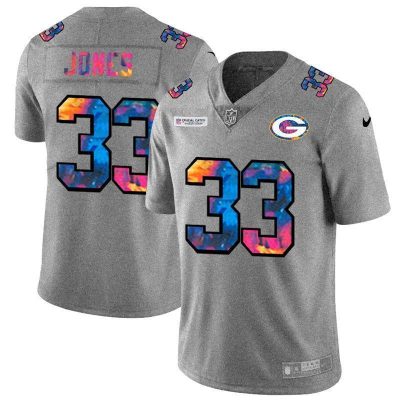 Green Bay Packers #33 Aaron Jones Nike Multi-Color 2020 Crucial Catch Jersey Greyheather