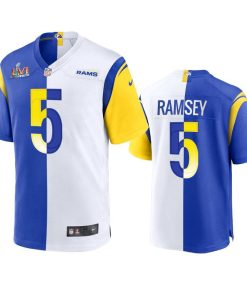 Los Angeles Rams #5 Jalen Ramsey Super Bowl LVI Patch Nike Royal White Split Game NFL Limited Jersey