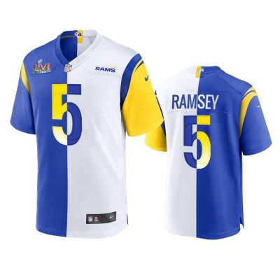 Los Angeles Rams #5 Jalen Ramsey Super Bowl LVI Patch Nike Royal White Split Game NFL Limited Jersey