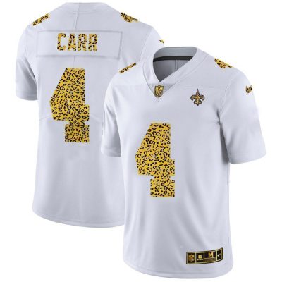 New Orleans Saints #4 Derek Carr Nike Flocked Leopard Print Vapor Limited NFL Jersey White