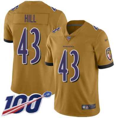 Nike Baltimore Ravens #43 Justice Hill Gold Stitched NFL Limited Inverted Legend 100th Season Jersey