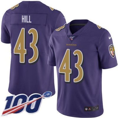 Nike Baltimore Ravens #43 Justice Hill Purple Stitched NFL Limited Rush 100th Season Jersey