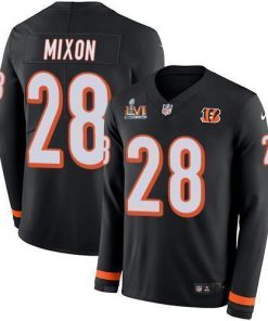 Nike Bengals #28 Joe Mixon Black Team Color Super Bowl LVI Patch Stitched NFL Limited Therma Long Sleeve Jersey