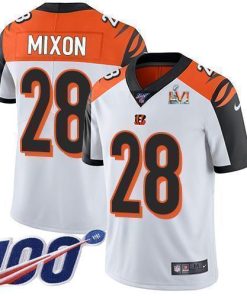 Nike Bengals #28 Joe Mixon White Super Bowl LVI Patch Stitched NFL 100th Season Vapor Limited Jersey