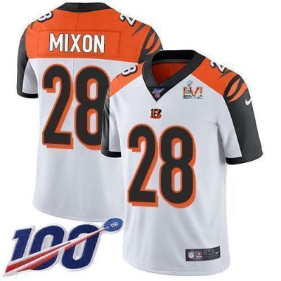 Nike Bengals #28 Joe Mixon White Super Bowl LVI Patch Stitched NFL 100th Season Vapor Limited Jersey