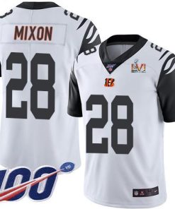 Nike Bengals #28 Joe Mixon White Super Bowl LVI Patch Stitched NFL Limited Rush 100th Season Jersey