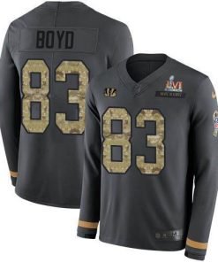 Nike Bengals #83 Tyler Boyd Anthracite Super Bowl LVI Patch Salute To Service Stitched NFL Limited Therma Long Sleeve Jersey