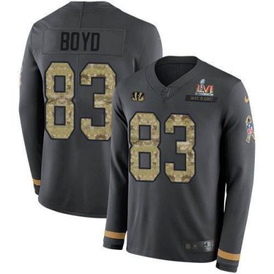 Nike Bengals #83 Tyler Boyd Anthracite Super Bowl LVI Patch Salute To Service Stitched NFL Limited Therma Long Sleeve Jersey