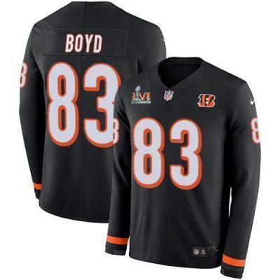 Nike Bengals #83 Tyler Boyd Black Team Color Super Bowl LVI Patch Stitched NFL Limited Therma Long Sleeve Jersey