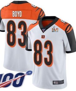 Nike Bengals #83 Tyler Boyd White Super Bowl LVI Patch Stitched NFL 100th Season Vapor Limited Jersey