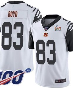 Nike Bengals #83 Tyler Boyd White Super Bowl LVI Patch Stitched NFL Limited Rush 100th Season Jersey