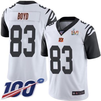 Nike Bengals #83 Tyler Boyd White Super Bowl LVI Patch Stitched NFL Limited Rush 100th Season Jersey