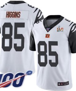 Nike Bengals #85 Tee Higgins White Super Bowl LVI Patch Stitched NFL Limited Rush 100th Season Jersey