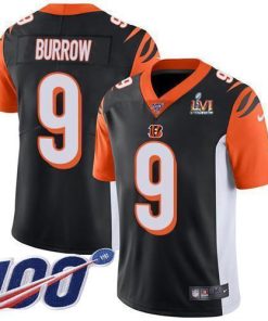 Nike Bengals #9 Joe Burrow Black Team Color Super Bowl LVI Patch Stitched NFL 100th Season Vapor Limited Jersey