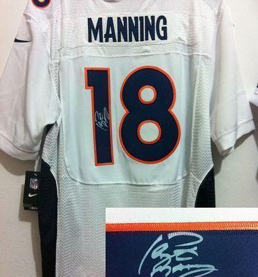 Nike Broncos #18 Peyton Manning White Stitched NFL Elite Autographed Jersey