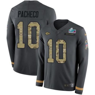 Nike Chiefs #10 Isiah Pacheco Anthracite Salute To Service Super Bowl LVII Patch Stitched NFL Limited Therma Long Sleeve Jersey