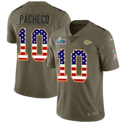Nike Chiefs #10 Isiah Pacheco Olive/USA Flag Super Bowl LVII Patch Stitched NFL Limited 2017 Salute To Service Jersey