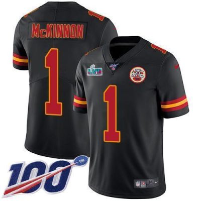 Nike Chiefs #1 Jerick McKinnon Black Super Bowl LVII Patch Stitched NFL Limited Rush 100th Season Jersey