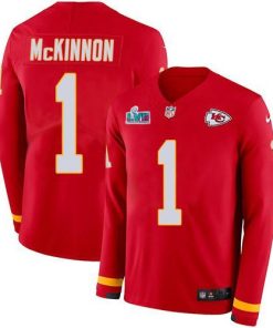 Nike Chiefs #1 Jerick McKinnon Red Team Color Super Bowl LVII Patch Stitched NFL Limited Therma Long Sleeve Jersey