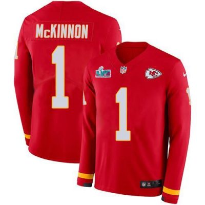 Nike Chiefs #1 Jerick McKinnon Red Team Color Super Bowl LVII Patch Stitched NFL Limited Therma Long Sleeve Jersey