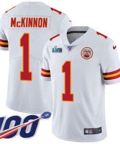 Nike Chiefs #1 Jerick McKinnon White Super Bowl LVII Patch Stitched NFL 100th Season Vapor Limited Jersey