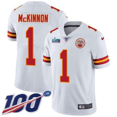 Nike Chiefs #1 Jerick McKinnon White Super Bowl LVII Patch Stitched NFL 100th Season Vapor Limited Jersey