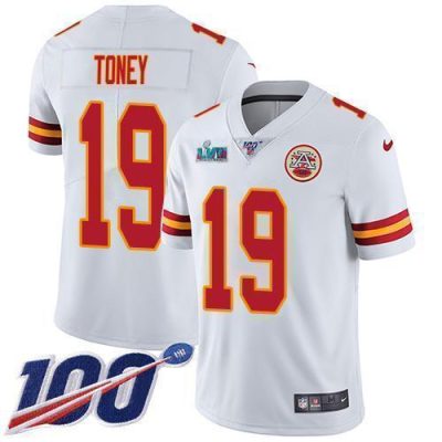 Nike Chiefs #19 Kadarius Toney White Super Bowl LVII Patch Stitched NFL 100th Season Vapor Limited Jersey