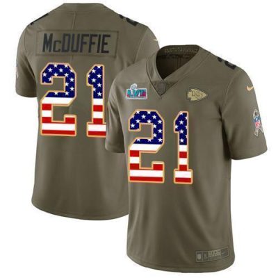 Nike Chiefs #21 Trent McDuffie Olive/USA Flag Super Bowl LVII Patch Stitched NFL Limited 2017 Salute To Service Jersey