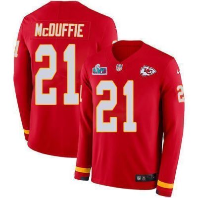 Nike Chiefs #21 Trent McDuffie Red Team Color Super Bowl LVII Patch Stitched NFL Limited Therma Long Sleeve Jersey