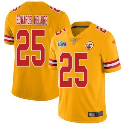 Nike Chiefs #25 Clyde Edwards-Helaire Gold Super Bowl LVII Patch Stitched NFL Limited Inverted Legend Jersey