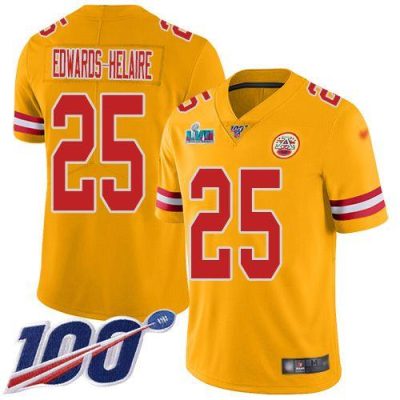 Nike Chiefs #25 Clyde Edwards-Helaire Gold Super Bowl LVII Patch Stitched NFL Limited Inverted Legend 100th Season Jersey