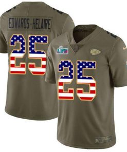 Nike Chiefs #25 Clyde Edwards-Helaire Olive/USA Flag Super Bowl LVII Patch Stitched NFL Limited 2017 Salute To Service Jersey