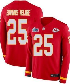 Nike Chiefs #25 Clyde Edwards-Helaire Red Team Color Super Bowl LVII Patch Stitched NFL Limited Therma Long Sleeve Jersey