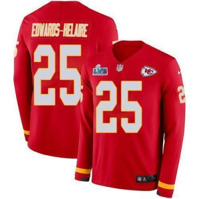 Nike Chiefs #25 Clyde Edwards-Helaire Red Team Color Super Bowl LVII Patch Stitched NFL Limited Therma Long Sleeve Jersey