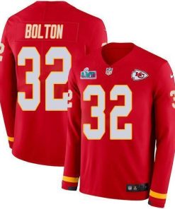 Nike Chiefs #32 Nick Bolton Red Team Color Super Bowl LVII Patch Stitched NFL Limited Therma Long Sleeve Jersey