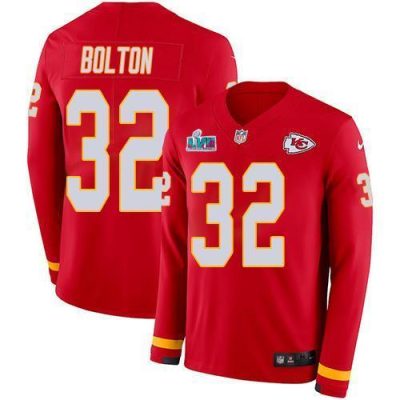Nike Chiefs #32 Nick Bolton Red Team Color Super Bowl LVII Patch Stitched NFL Limited Therma Long Sleeve Jersey