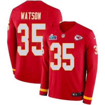 Nike Chiefs #35 Jaylen Watson Red Team Color Super Bowl LVII Patch Stitched NFL Limited Therma Long Sleeve Jersey
