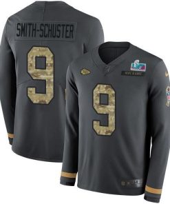 Nike Chiefs #9 JuJu Smith-Schuster Anthracite Super Bowl LVII Patch Salute To Service Stitched NFL Limited Therma Long Sleeve Jersey