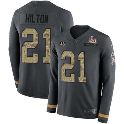 Nike Cincinnati Bengals #21 Mike Hilton Anthracite Super Bowl LVI Patch Salute to Service Stitched NFL Limited Therma Long Sleeve Jersey