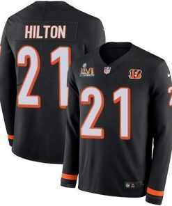 Nike Cincinnati Bengals #21 Mike Hilton Black Team Color Super Bowl LVI Patch Stitched NFL Limited Therma Long Sleeve Jersey